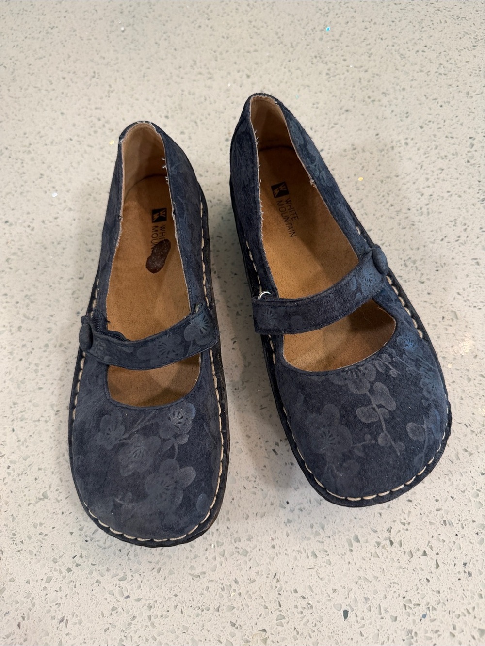 White Mountain Navy Floral Suede Mary Jane Flats with Button Strap